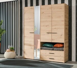 Armoire avec miroir, étagères, penderie et tiroirs LEON imitation Chêne et noir