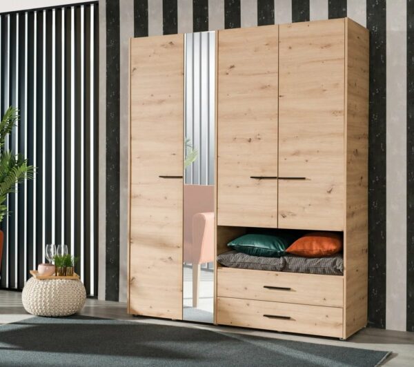 Armoire avec miroir, étagères, penderie et tiroirs LEON imitation Chêne et noir