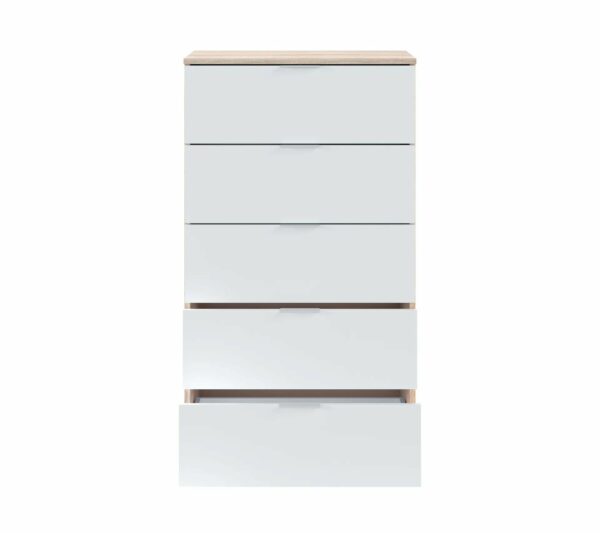Commode 5 tiroirs LINEA Blanc et imitation chêne