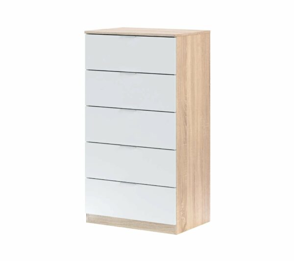 Commode 5 tiroirs LINEA Blanc et imitation chêne