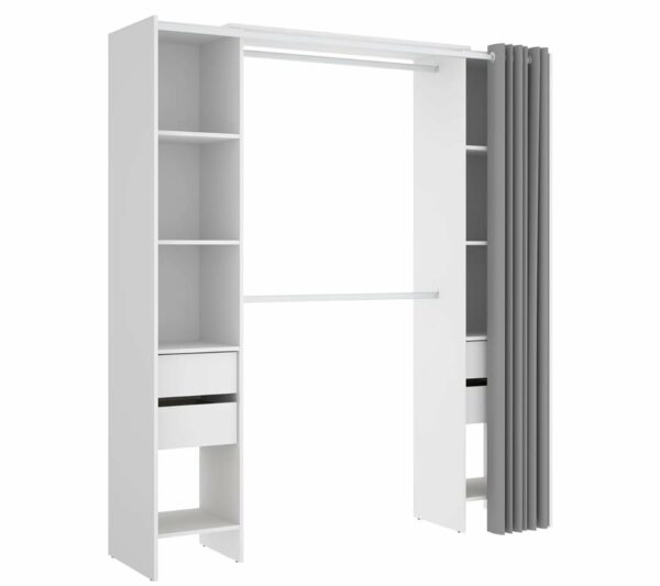 Armoire Dressing Extensible Avec Rideau + 4 Tiroirs Coloris Blanc - L. 100-180 X H. 203 X P. 50 Cm