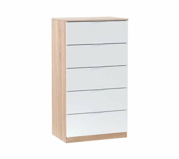 Commode 5 tiroirs LINEA Blanc et imitation chêne