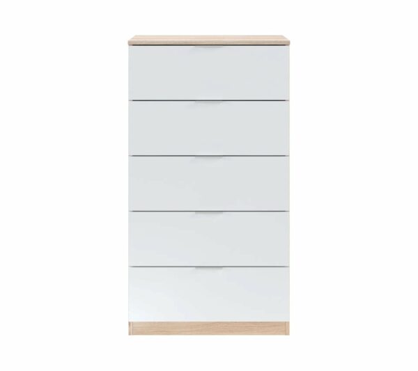 Commode 5 tiroirs LINEA Blanc et imitation chêne