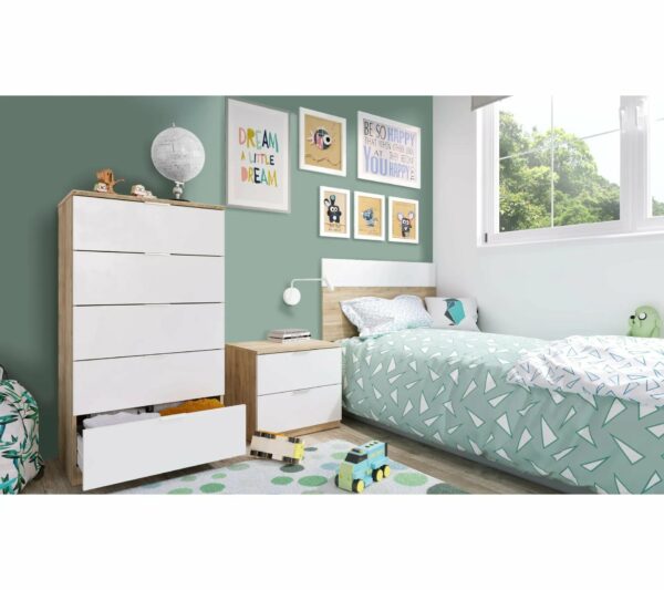 Commode 5 tiroirs LINEA Blanc et imitation chêne