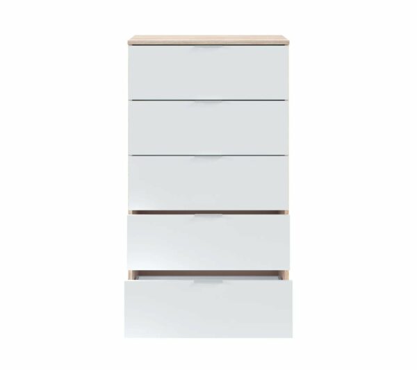 Commode 5 tiroirs LINEA Blanc et imitation chêne
