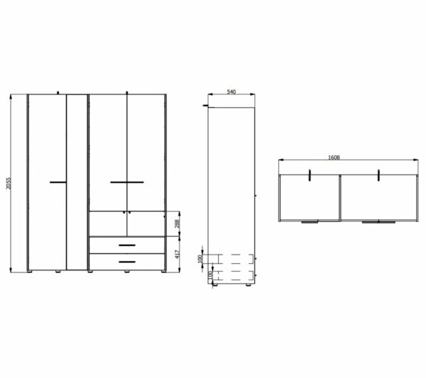 Armoire avec miroir, étagères, penderie et tiroirs LEON imitation Chêne et noir