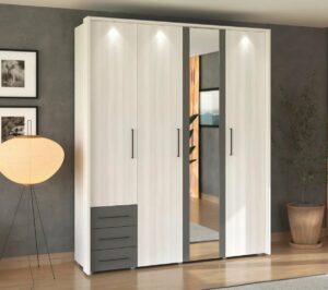 Armoire 4 portes 3 tiroirs SIDON blanc grisé et anthracite