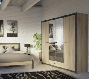 Armoire 4 portes avec miroir COLO lingère et penderie imitation chêne et noir