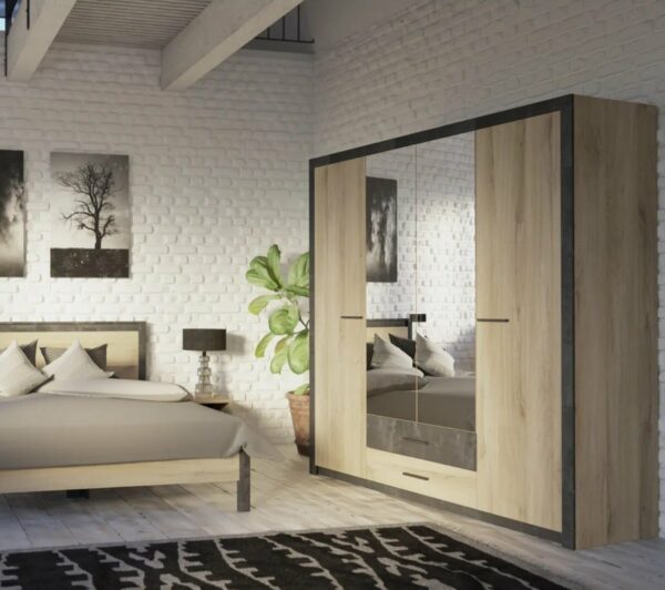 Armoire 4 portes avec miroir COLO lingère et penderie imitation chêne et noir