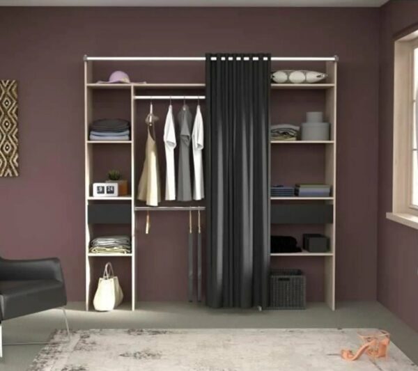 Dressing Avec Rideau - 2 Colonnes Avec 2 Tiroirs + 2 Penderies - Décor Chêne Jackson Et Noir - Como