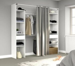 Dressing Avec Rideau - 2 Tiroirs Et 2 Colonnes - Décor Blanc - L 198 X P 40 X H 203 Cm - Artic