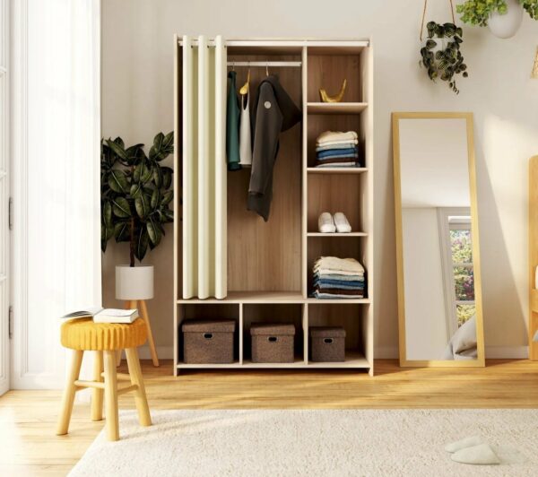 Kit dressing avec rideau beige L.105 cm OPTIMAL 2 imitation chêne