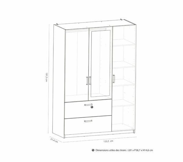 Armoire 3 portes 2 tiroirs L.134 cm READY imitation chêne kronberg et ardoise