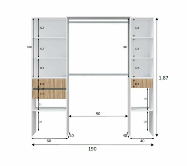 Aménagement De Dressing 3 Tiroirs Blanc/bois Clair - Yana - L 190 X L 40 X H 187 Cm