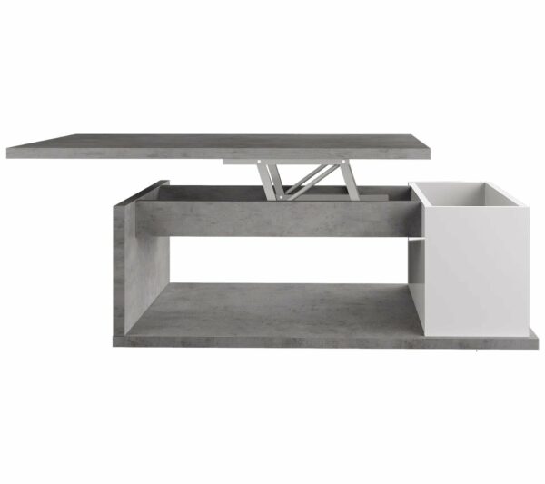Table basse plateau relevable avec coffre DESPACITO Imitation béton et blanc